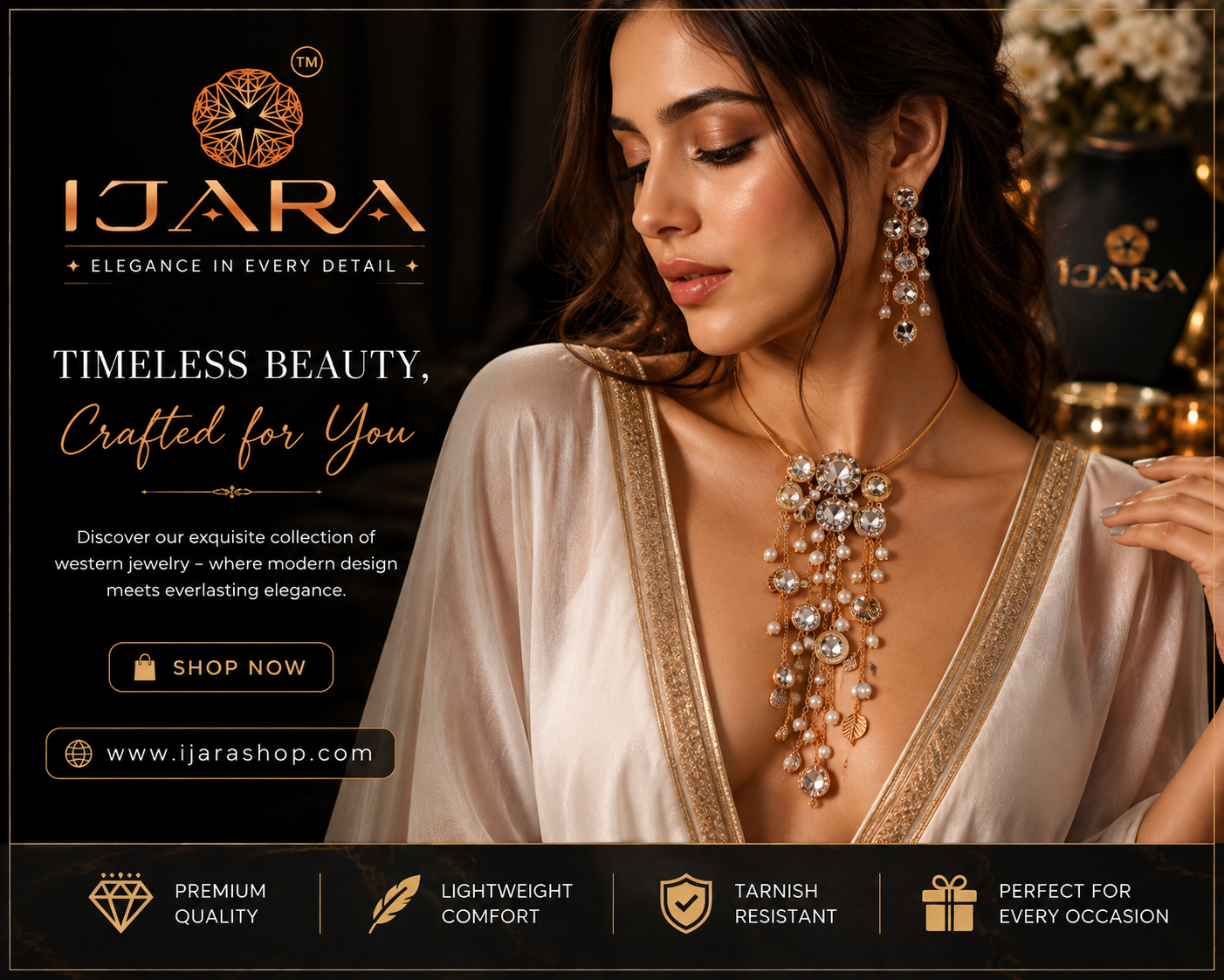 Discover the elegance of IJARA Western Jewellery, where modern design meets timeless sophistication. Our collection is thoughtfully crafted for women who love to make a stylish statement on every occasion.  From elegant necklaces and sparkling earrings to 